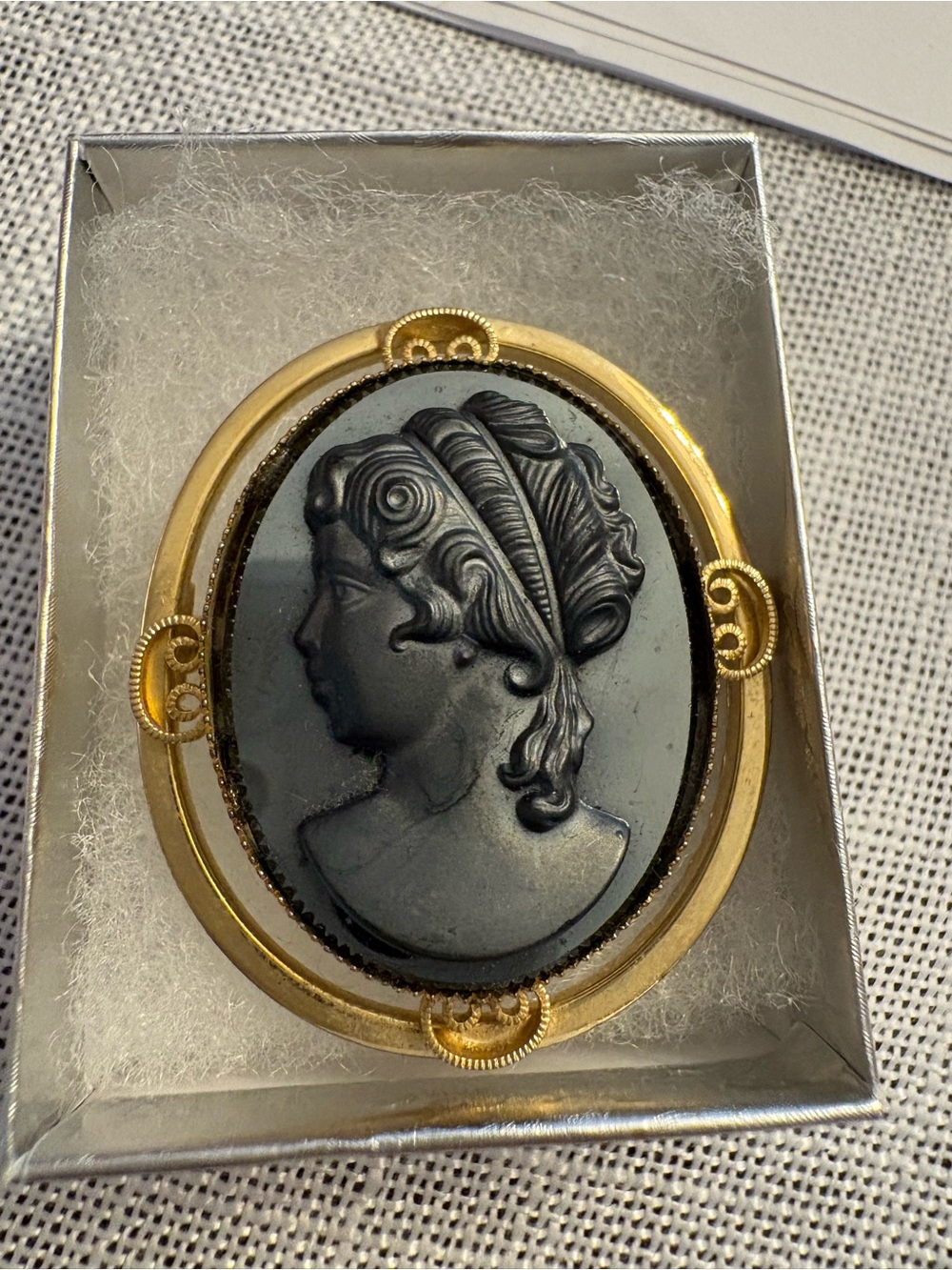 Gold-Tone Black Glass Cameo Brooch - Classic Women's Jewelry